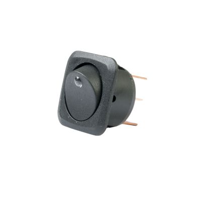 Blue LED square rocker switch with snap-in design for DC use, featuring on-off functionality and round hole mounting.