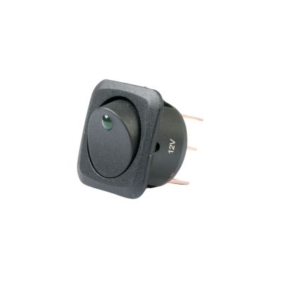 Green LED snap-in square rocker switch with on-off function, suitable for DC use, shown in a round hole design.