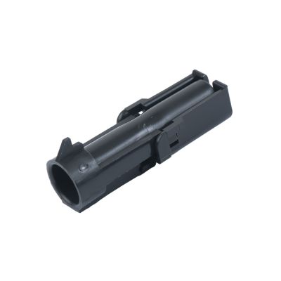 Black Aptiv Weather-Pack 1-way connector, shroud housing design, highlighting durable construction and sleek finish.
