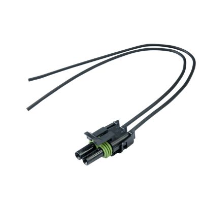 Female Weather-Pack 2-way connector with dual wires, designed for automotive applications, featuring a black and green assembly.