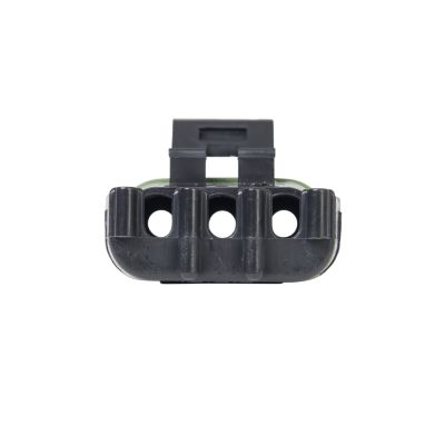 Black Weather Pack Female connector with four circular openings and a locking tab, designed for secure electrical connections.
