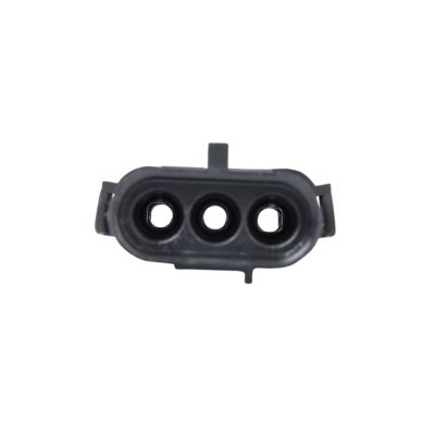 Male Weather Pack connector with three circular slots, black casing, and locking tabs, designed for secure electrical connections.