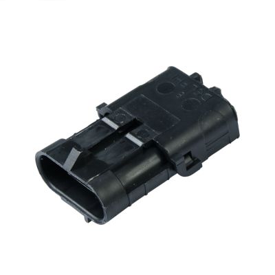 Weather Pack male connector in black showing its rectangular shape and sturdy design for secure automotive connections.