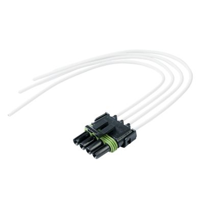 Weather-Pack 4-way flat pigtail with black tower housing and white wires, suitable for automotive electrical connections.