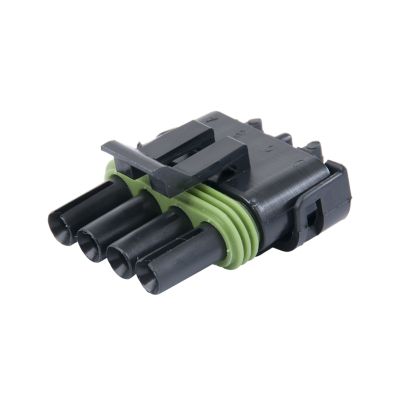 Black and green Aptiv Weather-Pack 4-way flat connector with a female tower housing.