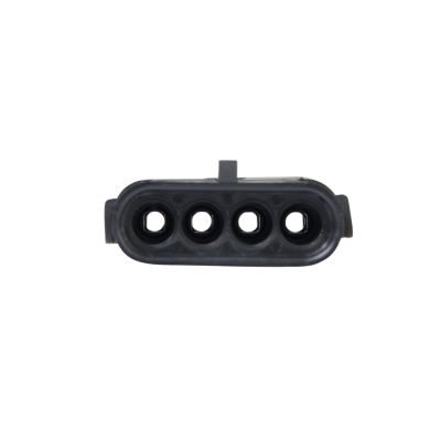 Weather Pack Male connector, featuring four circular ports in a durable black casing, designed for secure electrical connections.