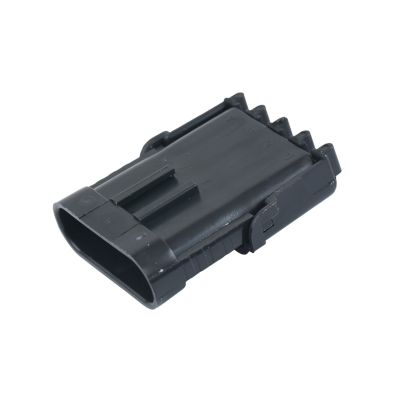 Weather-Pack 4-way flat connector shroud, male housing, by Aptiv, black design, ideal for secure electrical connections.