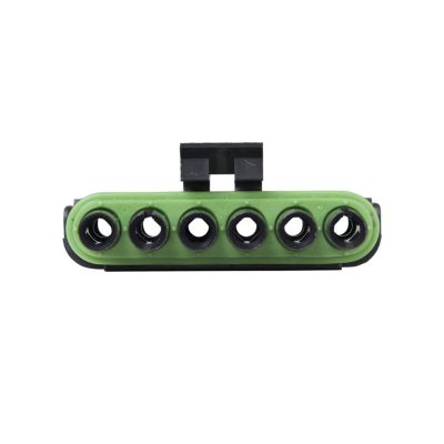 Weather Pack Female connector with green casing, featuring six ports and black locking clips, ideal for secure electrical connections.