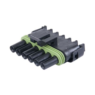 Weather-Pack 6-Way Connector, female housing with black casing and green sealing, designed for secure electrical connections.