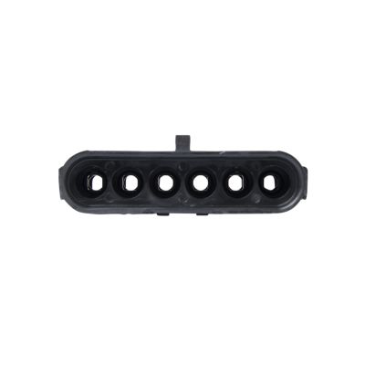Black Weather Pack Male connector with six circular openings and a durable design for secure electrical connections.