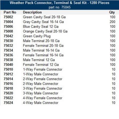 Weather Pack Housing Kit with cavity seals, terminals, and connectors. Various colors and gauge specifications listed.