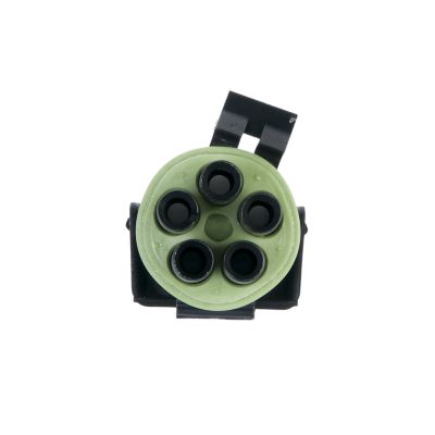 Close-up of a Weather Pack Female connector with a circular green seal showing five pin holes against a white background.