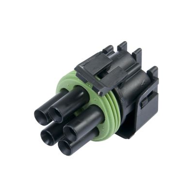 Weather-Pack 5-way connector, tower housing, black and green design, ideal for automotive electrical connections.