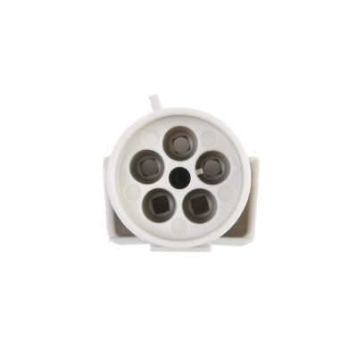 Weather Pack male connector, top view, showing five circular openings for secure electrical connections.