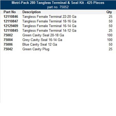 Metri-Pack 280 Female Tangless Terminal & Seal Kit with various terminal and seal types listed by description and quantity.