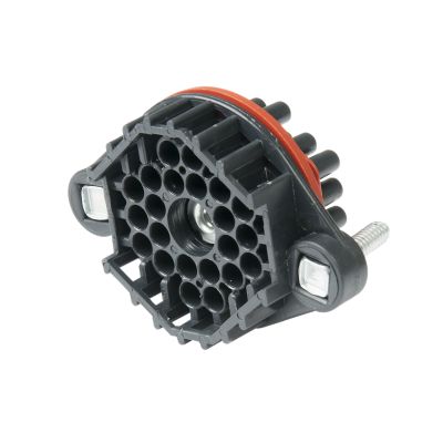 Female Weather Pack 22-way bulkhead connector with multiple connection ports, black housing, and visible securing screw.
