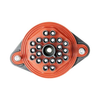 Female Weather Pack 22-way bulkhead connector with red and black design, showcasing circular socket arrangement.