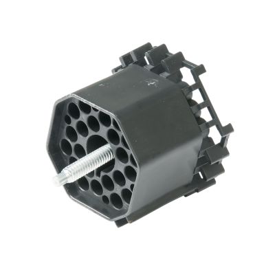 Black Weather Pack 22-Way Male Bulkhead Connector with a multi-hole interface and mounting hardware.