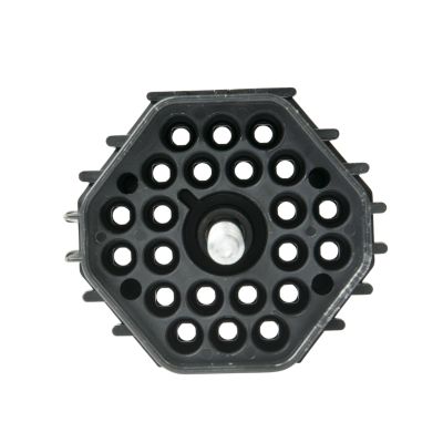 Male Weather Pack 22-way bulkhead connector with multiple circular ports and secure plastic casing for automotive use.