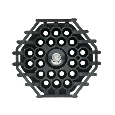 Bulkhead connector front view showing 22 circular openings and a central bolt, designed for secure and weatherproof connections.