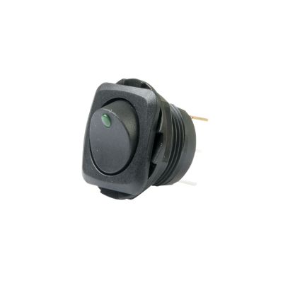 Square rocker switch with green LED, designed for round hole installation. Ideal for DC applications, featuring On-Off action.