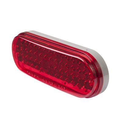 Oval LED stop, tail, and turn lamp in red with textured surface, ideal for vehicle lighting needs.