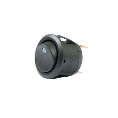 LED illuminated round rocker switch with on-off function in blue, designed for DC applications.
