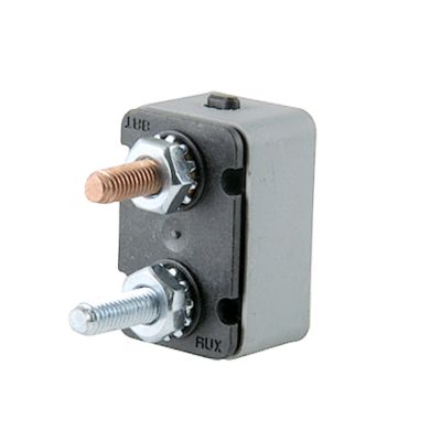 Manual reset stud mount circuit breaker, plastic housing, dual terminals, compact design, suitable for 12/24V systems.