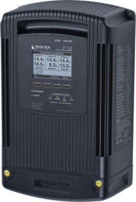 Blue Sea Systems P12 Battery Charger, 3 bank, black design with digital display, showcasing charging and alert status.