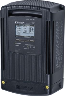 Sleek Blue Sea Systems P12 Battery Charger with LCD display, 3 bank functionality, and modern design for efficient charging.