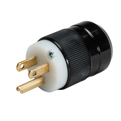 Black and white U-blade male power plug cap with three brass pins, featuring a ribbed grip design.