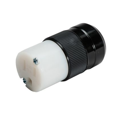 Three-wire female rubber connector body with a durable, ribbed black housing and white face, ideal for secure electrical connections.