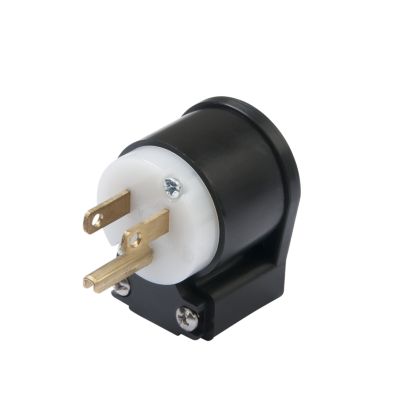 Black and white power cord plug with brass prongs and a sturdy design for electrical connections.