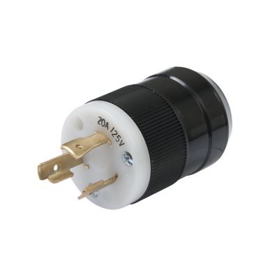 Black and white Marinco 205P NEMA locking plug, 20 Amp, with durable construction and secure connection features.