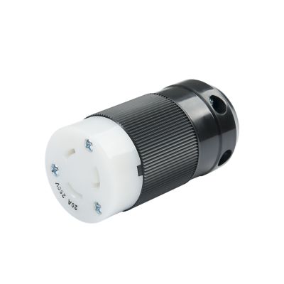 Black and white NEMA locking connector with a ribbed texture and visible screws, designed for secure electrical connections.