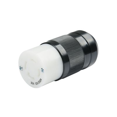 Black and white Marinco 3014C NEMA locking connector, 30 Amp, designed for secure electrical connections.
