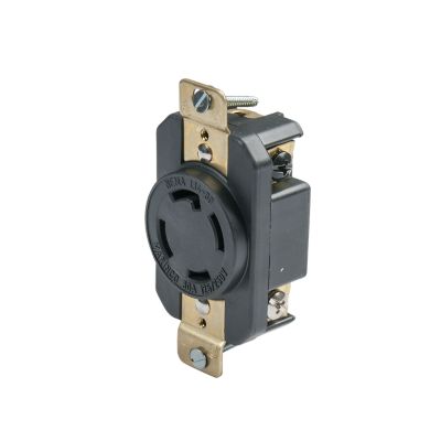 Marinco 3014R NEMA locking receptacle, black casing, gold mounting brackets, 30 Amp, 125/250V electrical connector.