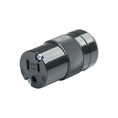 Black Marinco NEMA straight blade connector with ribbed body design and visible metal screws for electrical use.