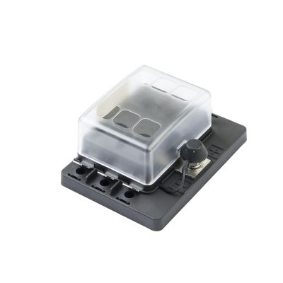 Transparent cover fuse panel for MINI¬Æ with black base, showcasing multiple fuse slots and a protective casing.