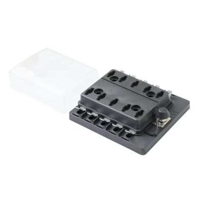 MINI 10-way fuse panel with transparent cover, featuring a compact design for efficient electrical circuit management.