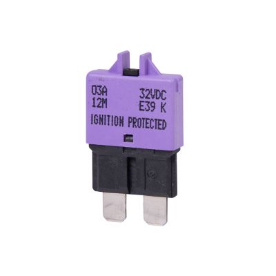 Violet manual reset low profile ATO/ATC circuit breaker, blade style, 3 Amp, 32V, ignition protected, automotive part.