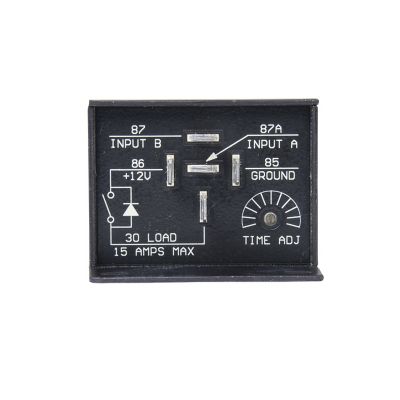InPower VCM-03.10SA Time-Delay Relay, On-Delay, Adjustable, 15 Amp, 12V, black casing with white text.