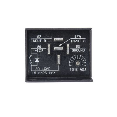 InPower VCM-04.10SA time-delay relay in black casing, featuring adjustable off-delay and solid state technology.