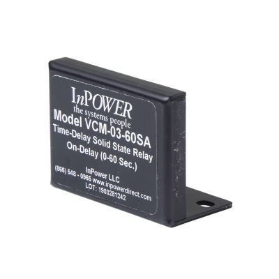 InPower VCM-03.60SA time-delay relay, on-delay function, adjustable, black casing, side view, solid state technology.