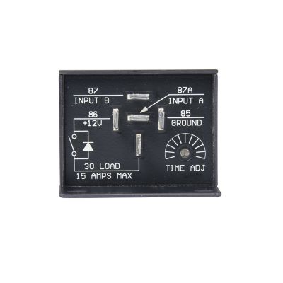 Time-delay relay, black casing, InPower VCM-04-60SA, off-delay, adjustable, 12V, 15 Amp capacity.