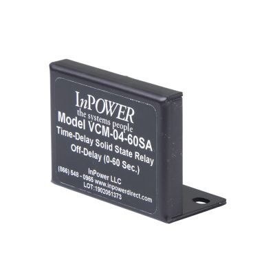 Time-delay relay, black casing, InPower VCM-04-60SA, off-delay, adjustable, 12V, 15 Amp capacity.