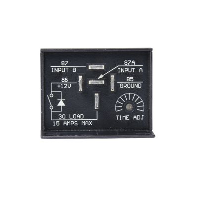 InPower VCM-03.03MA time-delay relay, on-delay feature, black with clear labeling, suitable for 12V systems.