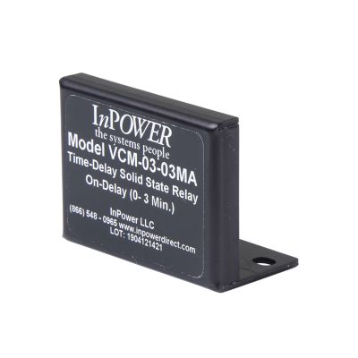 InPower VCM-03.03MA time-delay relay, on-delay feature, black with clear labeling, suitable for 12V systems.