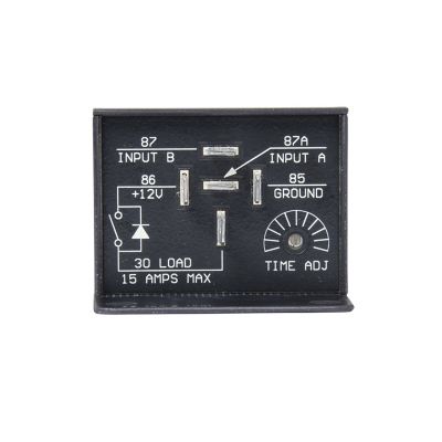 InPower VCM-04.03MA time-delay relay, off-delay, 15 Amp, 12V, adjustable from 0 to 3 minutes, solid-state design.