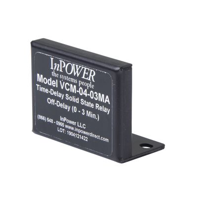 InPower VCM-04.03MA time-delay relay, off-delay, 15 Amp, 12V, adjustable from 0 to 3 minutes, solid-state design.